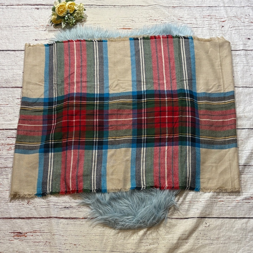 Nordstrom Plaid Infinity Scarf Turquoise Blue Tan Red